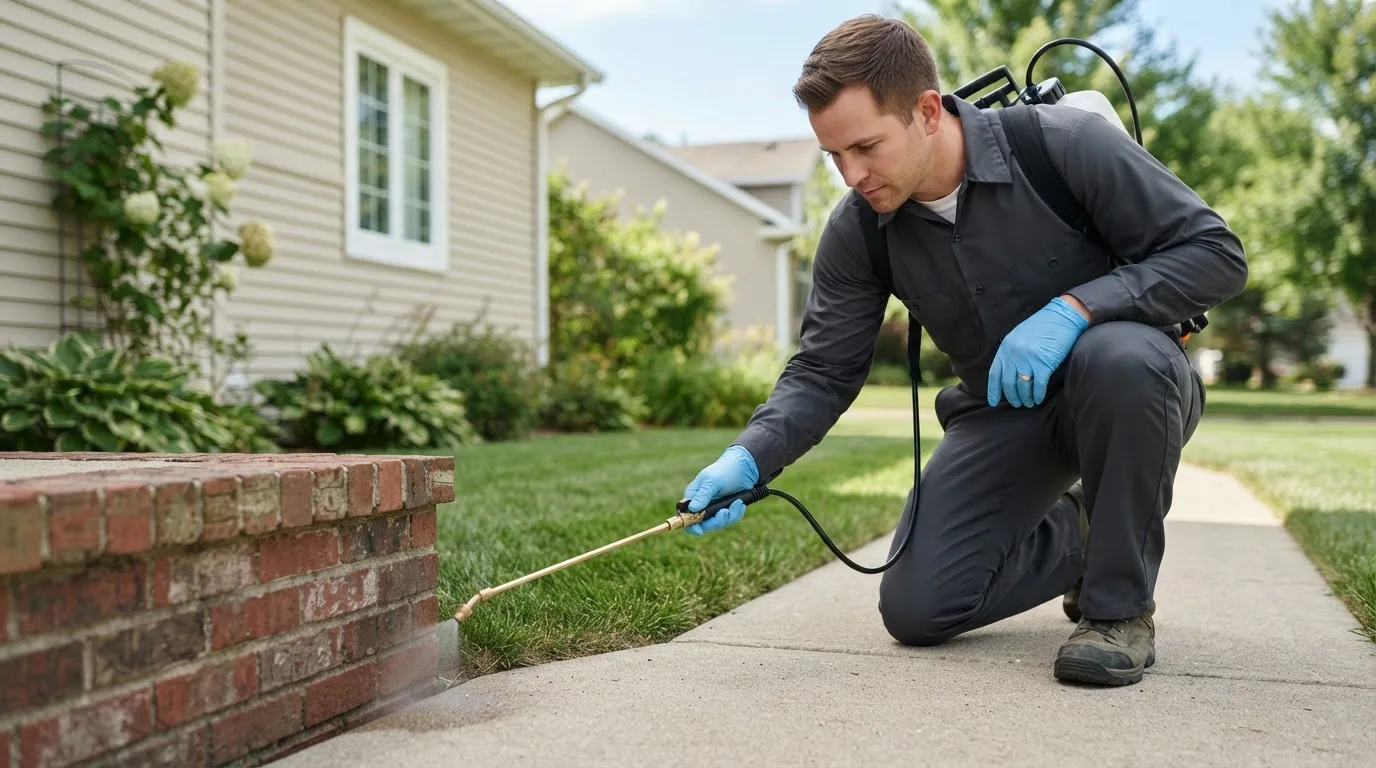 Pest control technician treating a home near Gorham, ME